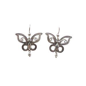 BJ 925 Sterling Silver Filigree Butterfly Moth Insect Dangle Drop Earring VTG